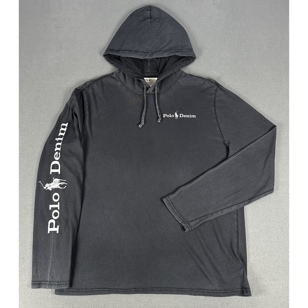 Denim Supply Ralph Lauren Hoodie Large Black Faded Sleeve Logo Lightweight Tee